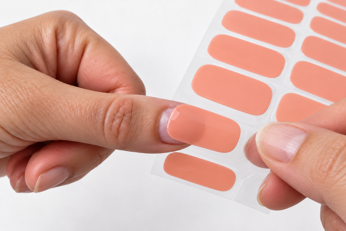 Holding a coral nail wrap against the nail to find the right size