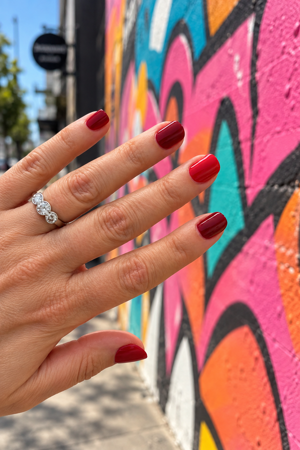 Grapevine and Ruby deep red gel nail wraps against a graffiti wall