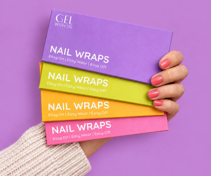 A fanned stack of colourful Gel With Us nail wrap packs on purple
