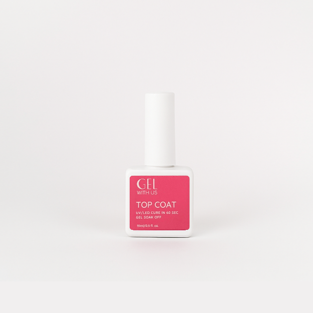A bottle of Gel Nexus Top Coat nail polish remover on a clean white background.