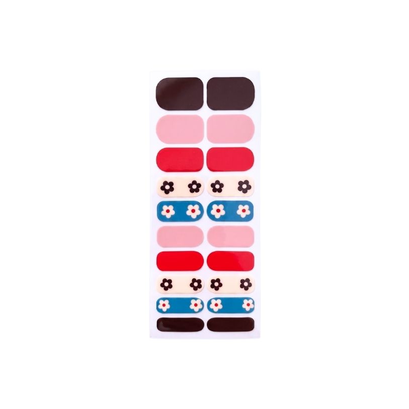 Groovy nail polish wrap sheet in retro red, soft pink and brown with daisy details