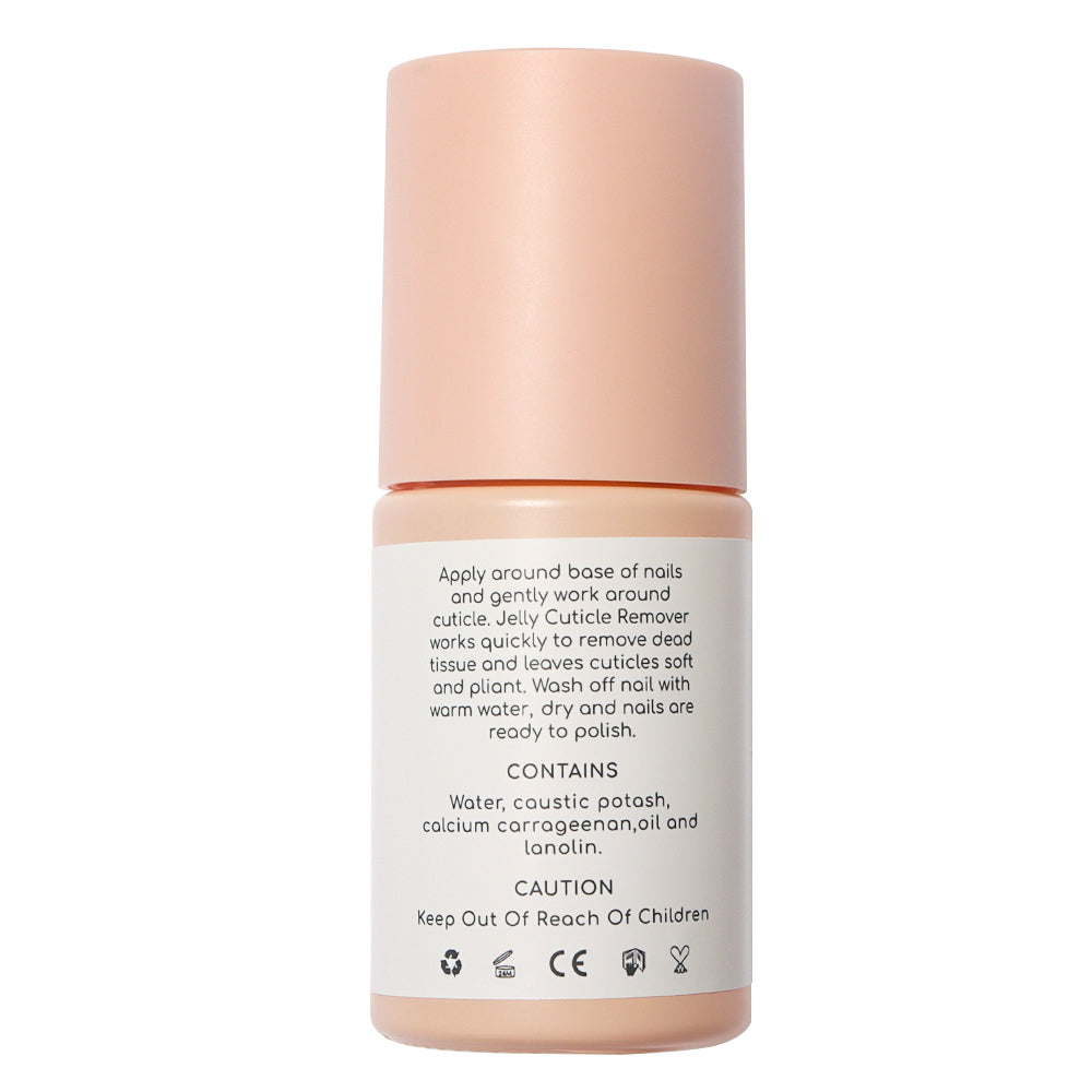A bottle of GEL WITH US cuticle remover with a pale peach cap and a white label showing product instructions and contents, set against a plain white background.
