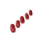 Norma Jean deep maroon nail polish wraps with gold glitter stripes and criss-crosses shown on five nail tips