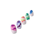 Now U C Me colour-blocked camo nail polish wraps in neon pink, purple, green, blue and coral shown on five nail tips