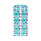 Aruba nail polish wrap sheet with pink and purple palm leaves on aqua plus a teal-to-pink ombre accent wrap
