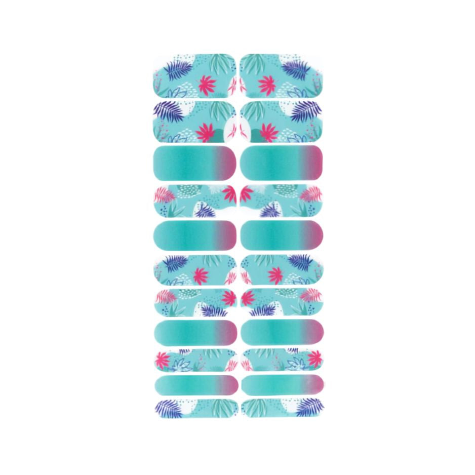 Aruba nail polish wrap sheet with pink and purple palm leaves on aqua plus a teal-to-pink ombre accent wrap