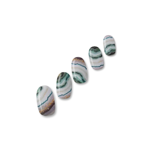 Treasure Hunt agate-style nail polish wraps in teal, lilac and white swirls flecked with gold shown on five nail tips