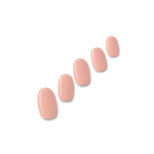 Tutu glossy soft peachy-pink nail polish wraps shown on five nail tips