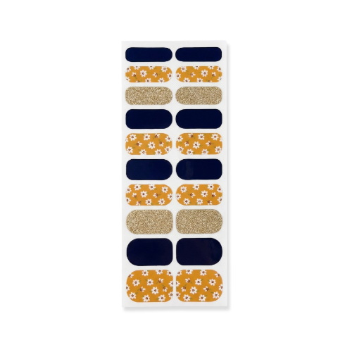 Zoey nail polish wrap sheet in mustard florals, solid navy and gold glitter