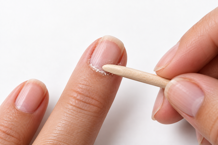 Pushing back the cuticle with a wooden stick before applying a nail wrap