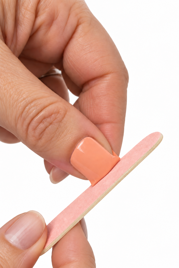 Pressing a coral nail wrap onto the nail and filing off the tip