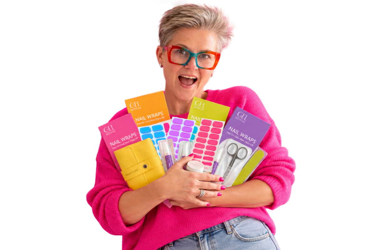 Smiling woman in a pink jumper holding an armful of colourful Gel With Us nail wrap packs