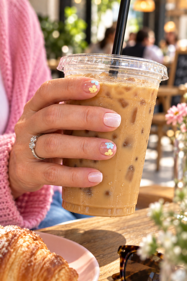 Mellow gel nail wraps holding an iced coffee