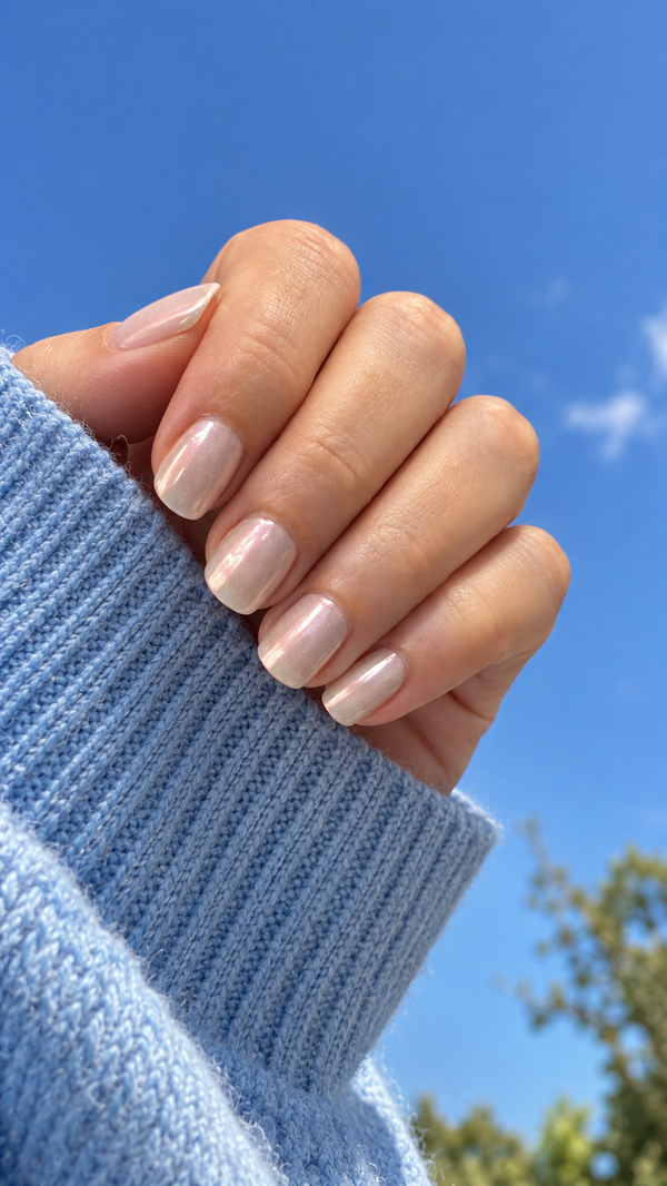 Pixie Dust gel nail wraps against a blue sky