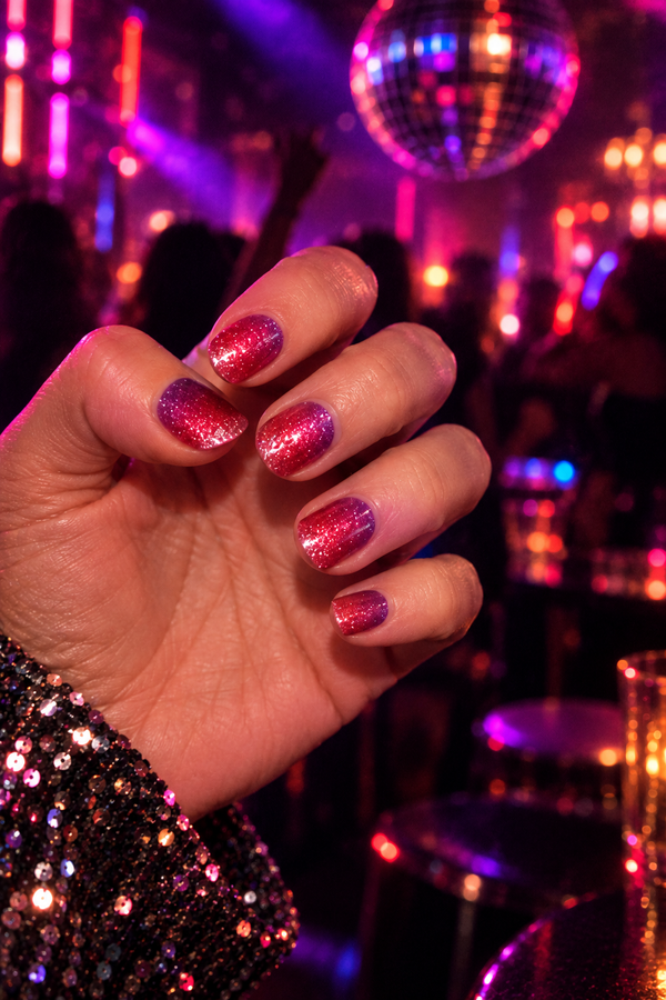 Vega sparkly gel nail wraps under party lights