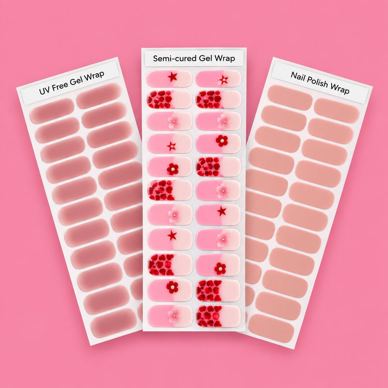 Gel, UV free and polish nail wrap sheets on a pink background