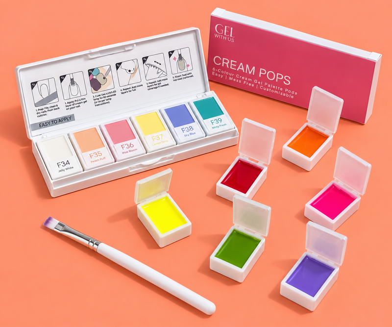 Cream Pops gel cream palette with colourful pots and a brush on coral