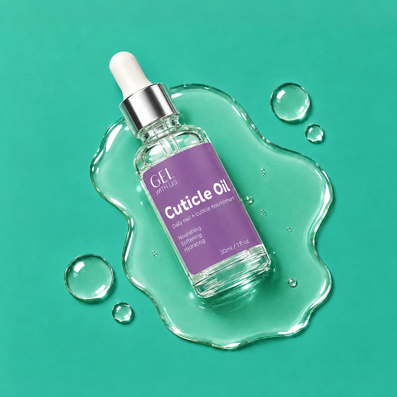 Gel With Us cuticle oil bottle with droplets on teal