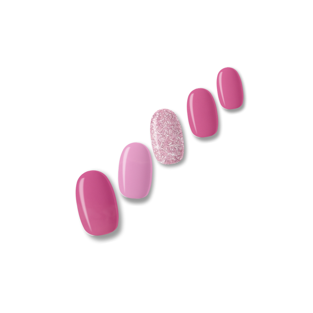 Lola hot pink, bubblegum pink and glitter nail polish wraps shown on five nail tips