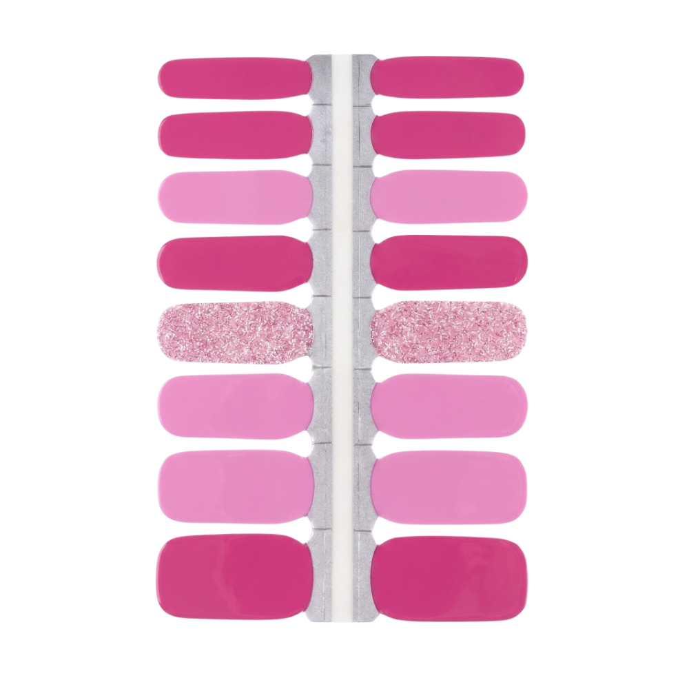 Lola 16-strip nail polish wrap sheet in hot pink, bubblegum pink and pink glitter