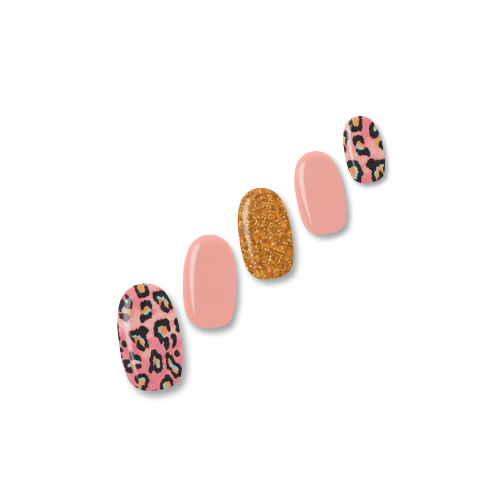 Stacy's Mom pink leopard print, peach and copper glitter nail polish wraps shown on five nail tips