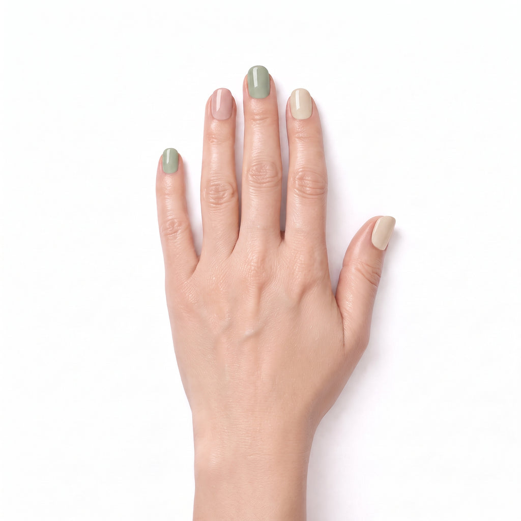 Hand wearing Swirl sage green, cream and blush pink nail polish wraps