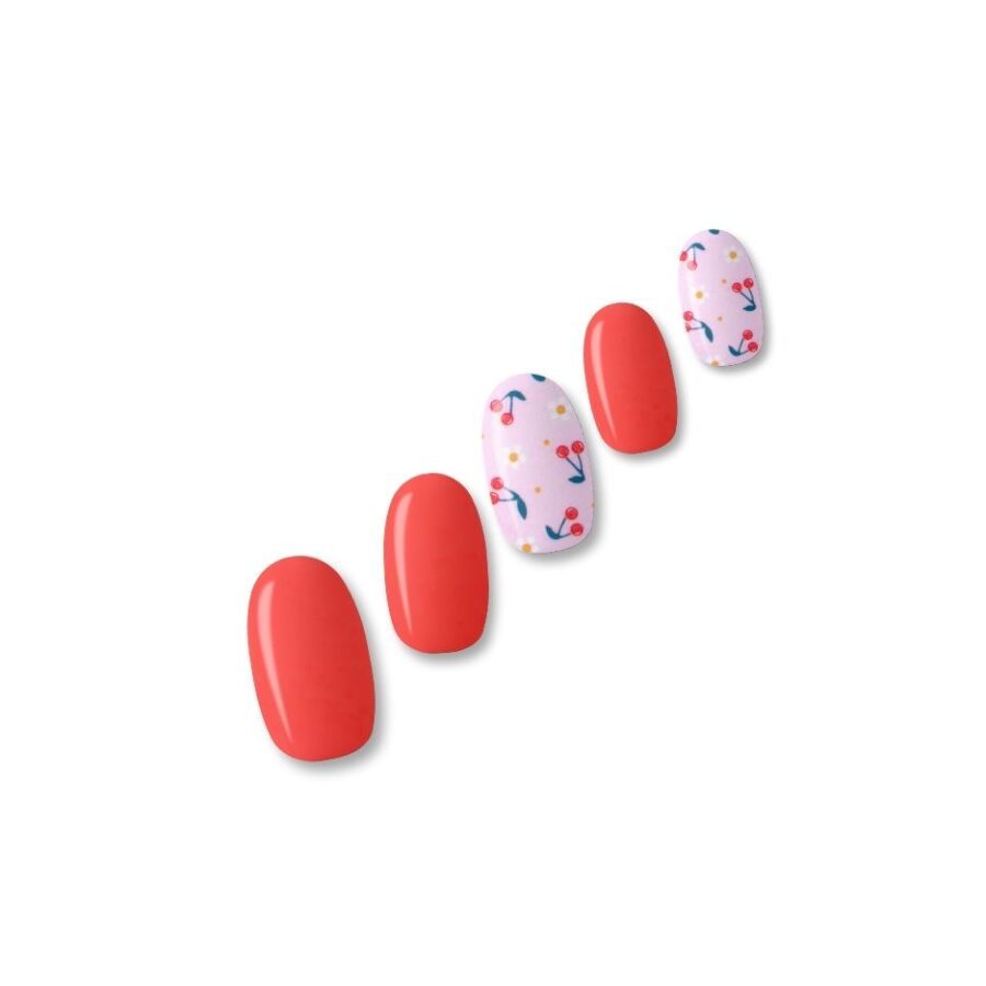Gel With Us Cherry Pop 16 Strip Nail Wraps showing bold red solid and cherry print on pink with Daisy accents.