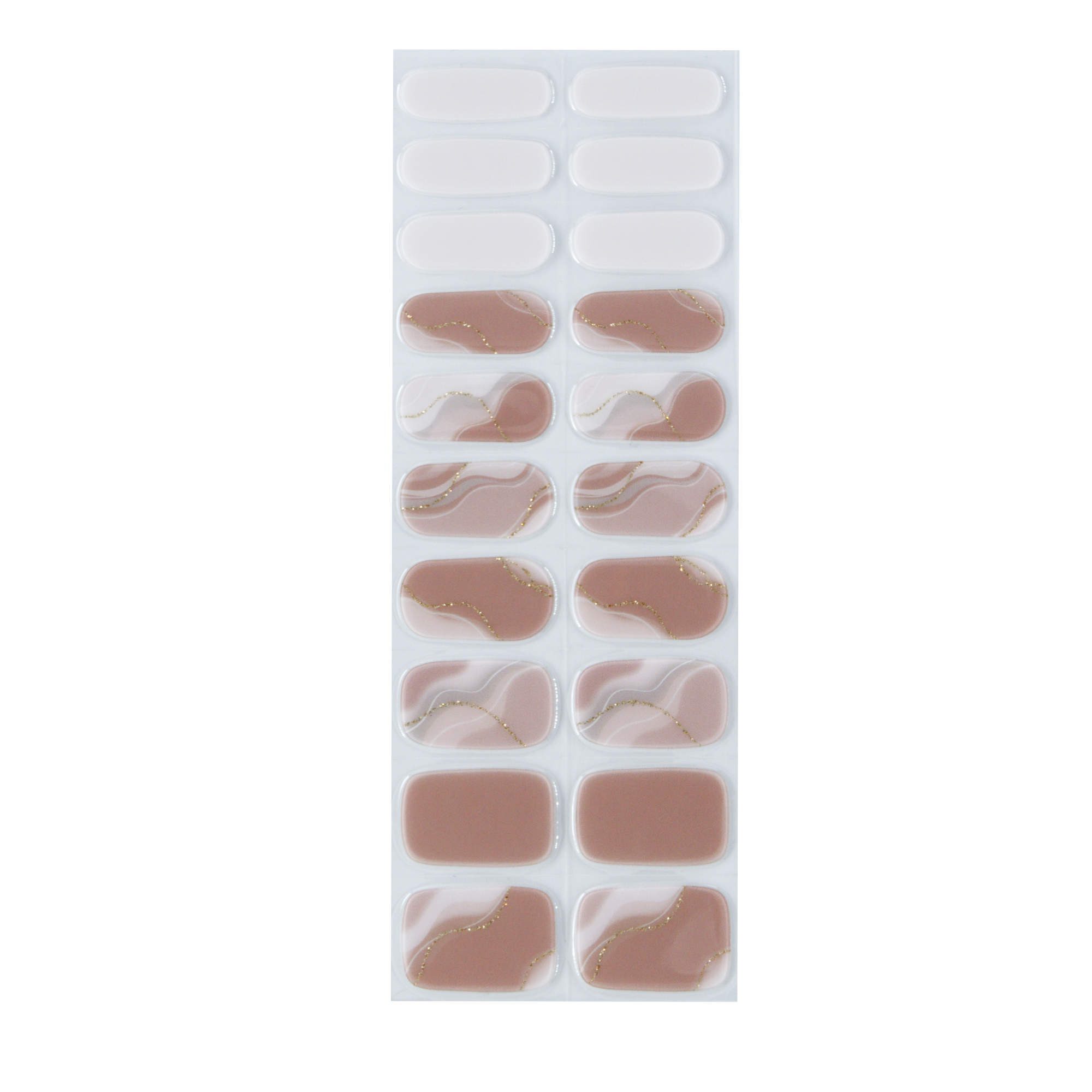 Gel With Us Chocolate Milkshake Nail Wraps strip showing mocha marble with gold vein, dusty rose, and sheer white wraps.
