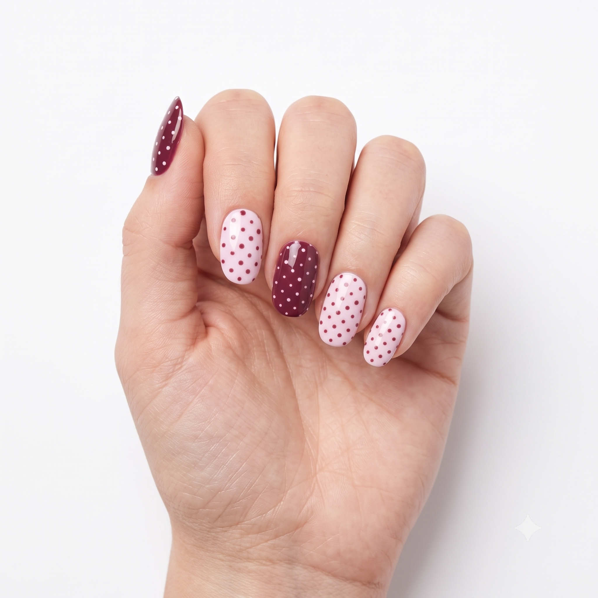 Gel With Us Dottie 16 Strip Nail Wraps showing pink with burgundy polka dots and burgundy with pink polka dots.