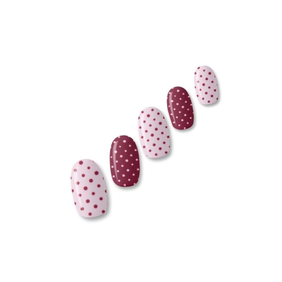 Gel With Us Dottie 16 Strip Nail Wraps showing pink with burgundy polka dots and burgundy with pink polka dots.
