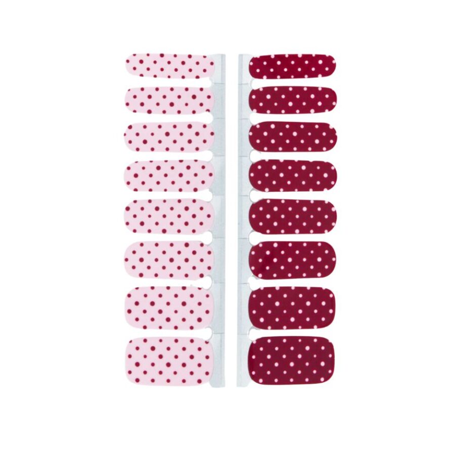 Gel With Us Dottie 16 Strip Nail Wraps showing pink with burgundy polka dots and burgundy with pink polka dots.