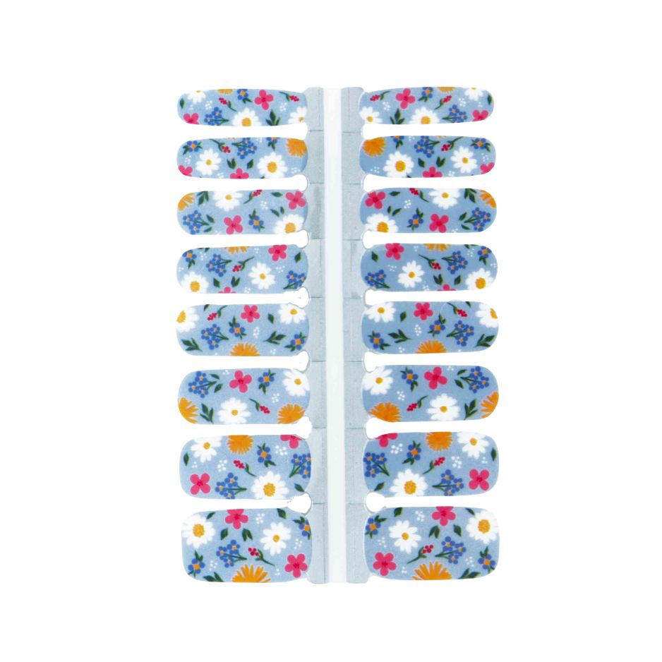 Gel With Us Flower Market Nail Wraps strip showing a ditsy floral print with daisies, marigolds and pink blooms on a cornflower blue base.