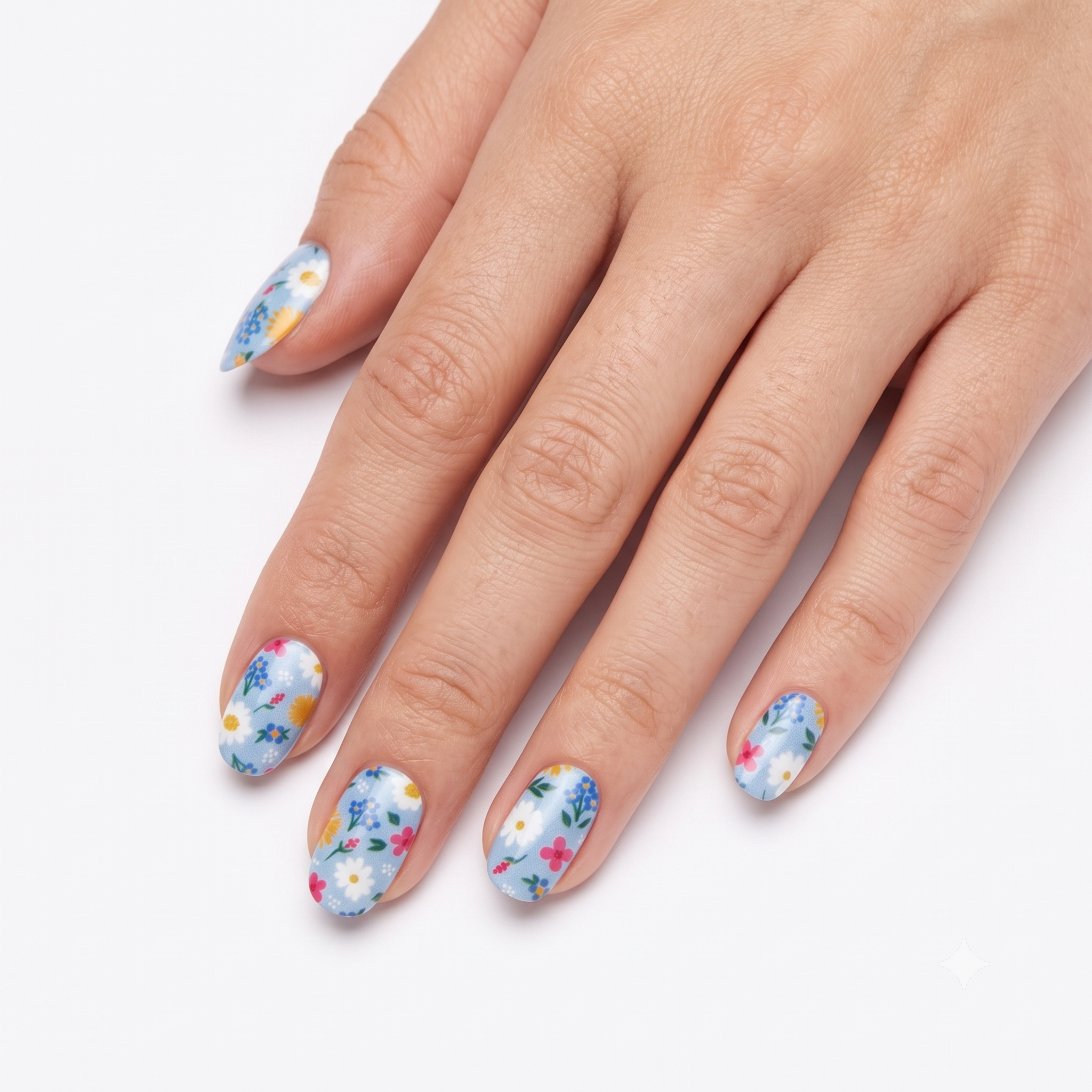Gel With Us Flower Market Nail Wraps strip showing a ditsy floral print with daisies, marigolds and pink blooms on a cornflower blue base.