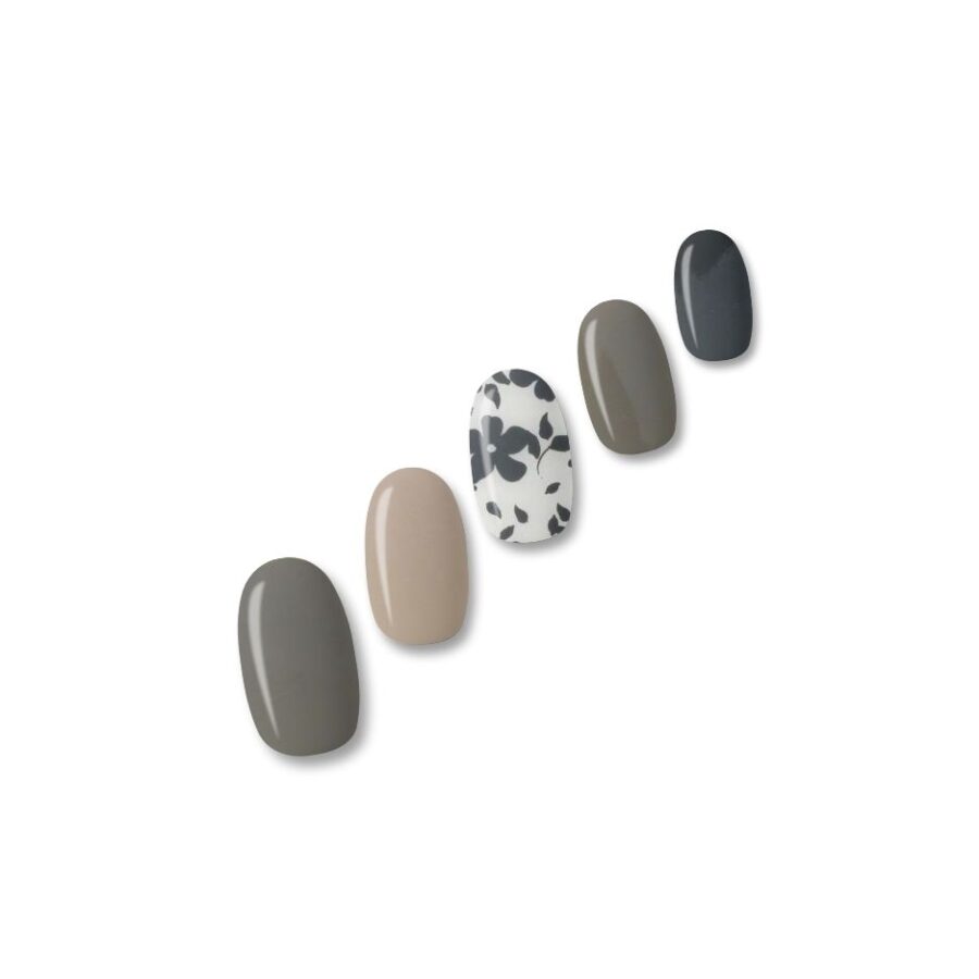 Gel With Us Semi Cured Gel Nail Wraps called Imogen A stylish mix of nude, taupe, black and floral accents