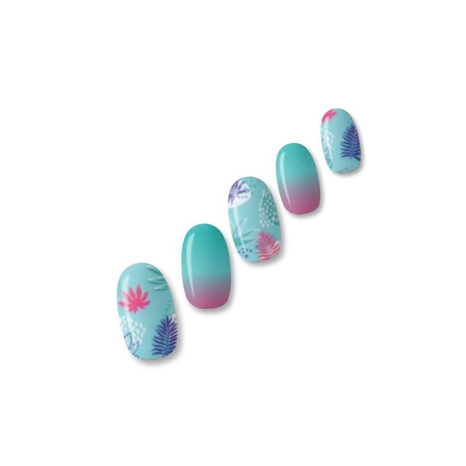 Gel With Us Aruba Nail Wraps strip showing tropical palm leaf print in aqua, pink and purple with a teal-to-pink ombré accent wrap.