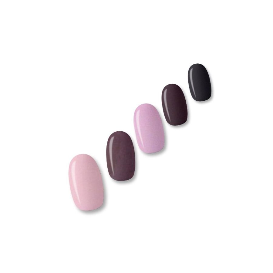 Gel With Us Winter Purples Nail Wraps showing shades from lilac, plum, aubergine to near-black purple.