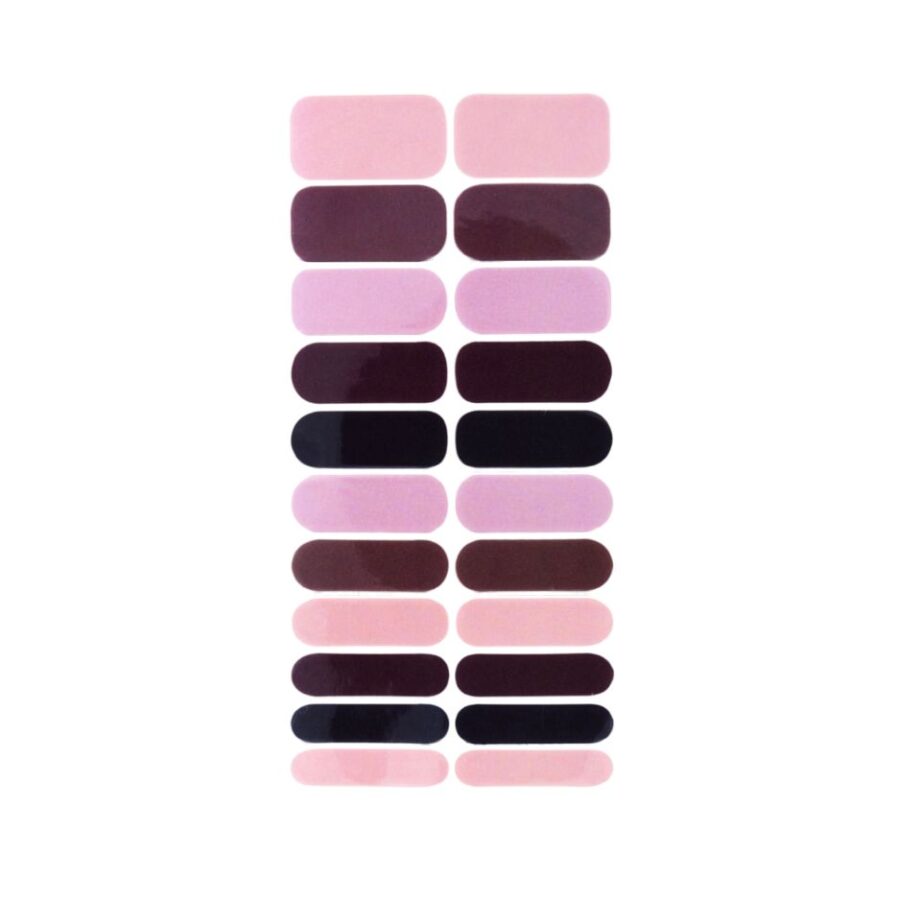 Gel With Us Winter Purples Nail Wraps showing shades from lilac, plum, aubergine to near-black purple.
